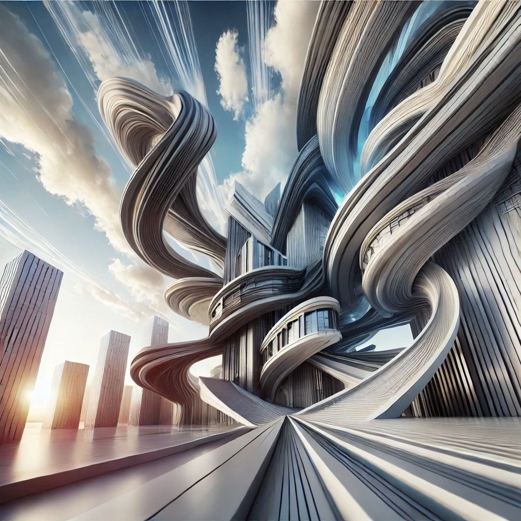 Imagen de una ciudad futurista con edificios de diseño fluido y creativo, representando la libertad en la arquitectura