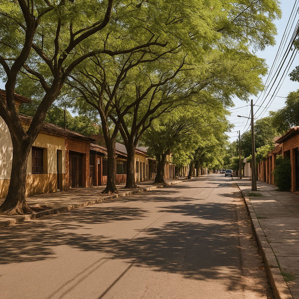 Calle del barrio Recoleta en Asunción, Paraguay, con casas tradicionales, árboles frondosos y sombra natural que define el paisaje urbano.