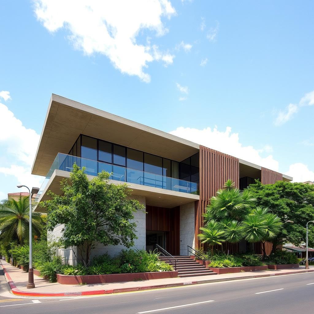 Fachada de casa contemporánea en Lambaré, Asunción, con líneas limpias y materiales nobles
