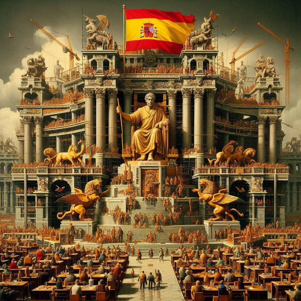 Construcción en España con maquinaria alemana y materiales importados, reflejo de la pérdida de autonomía arquitectónica nacional.