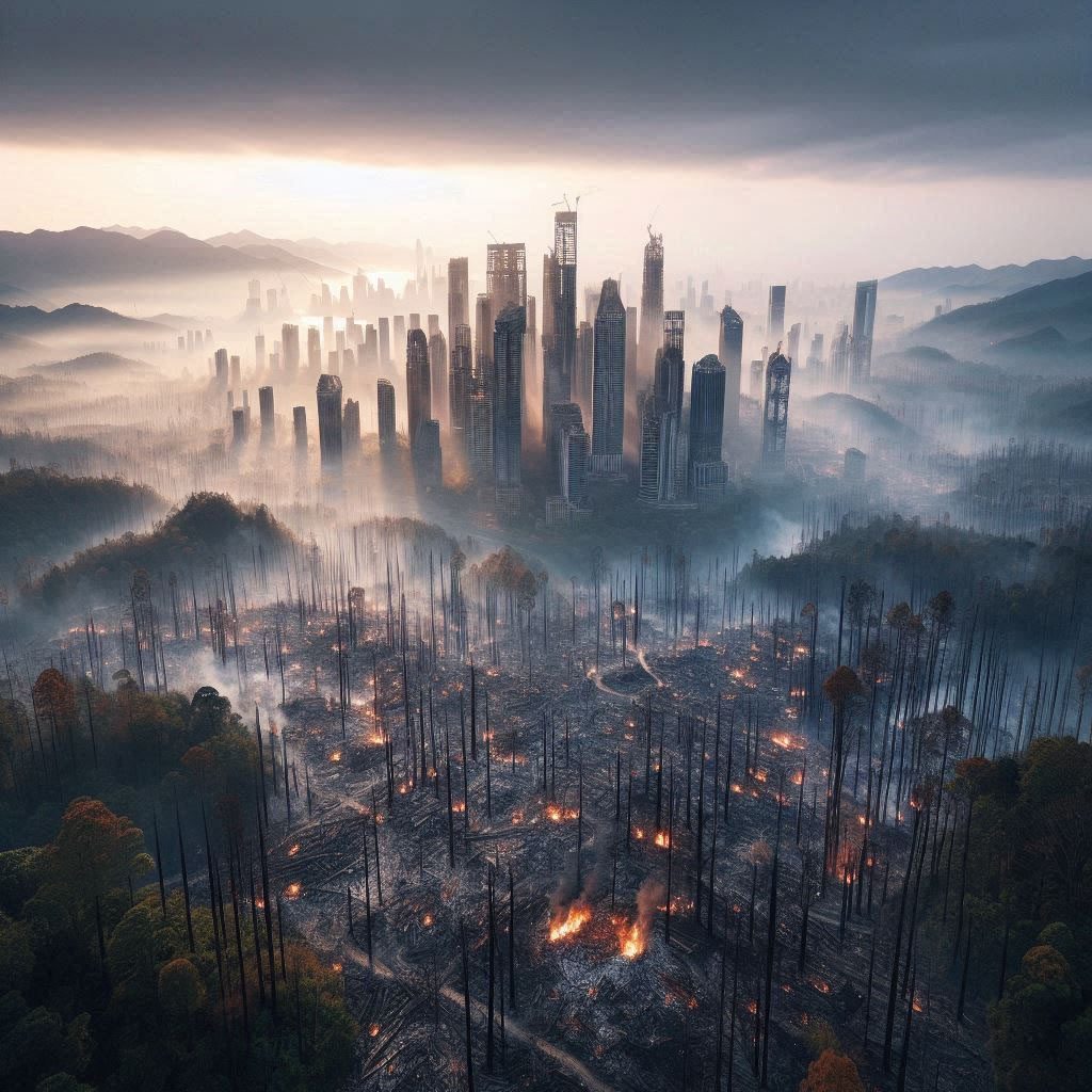 Terreno quemado con árboles calcinados y suelo seco, ilustrando la pérdida ambiental y el impacto de incendios forestales en España.