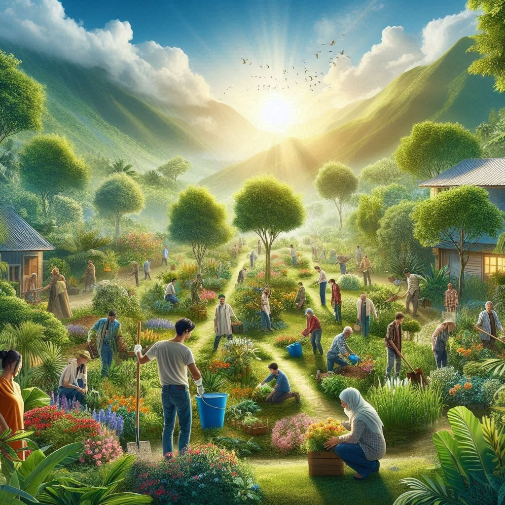 Personas de diferentes edades y orígenes colaboran en la construcción de un proyecto comunitario con materiales naturales, simbolizando unión y resistencia.